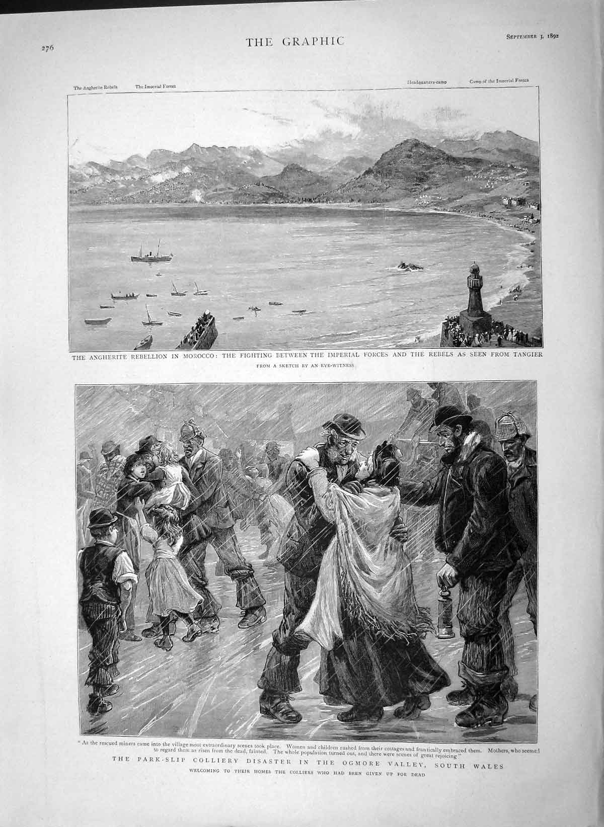 Old Antique Print 1892 Park-Slip Colliery Orphans Wales Morocco Angherite 19th