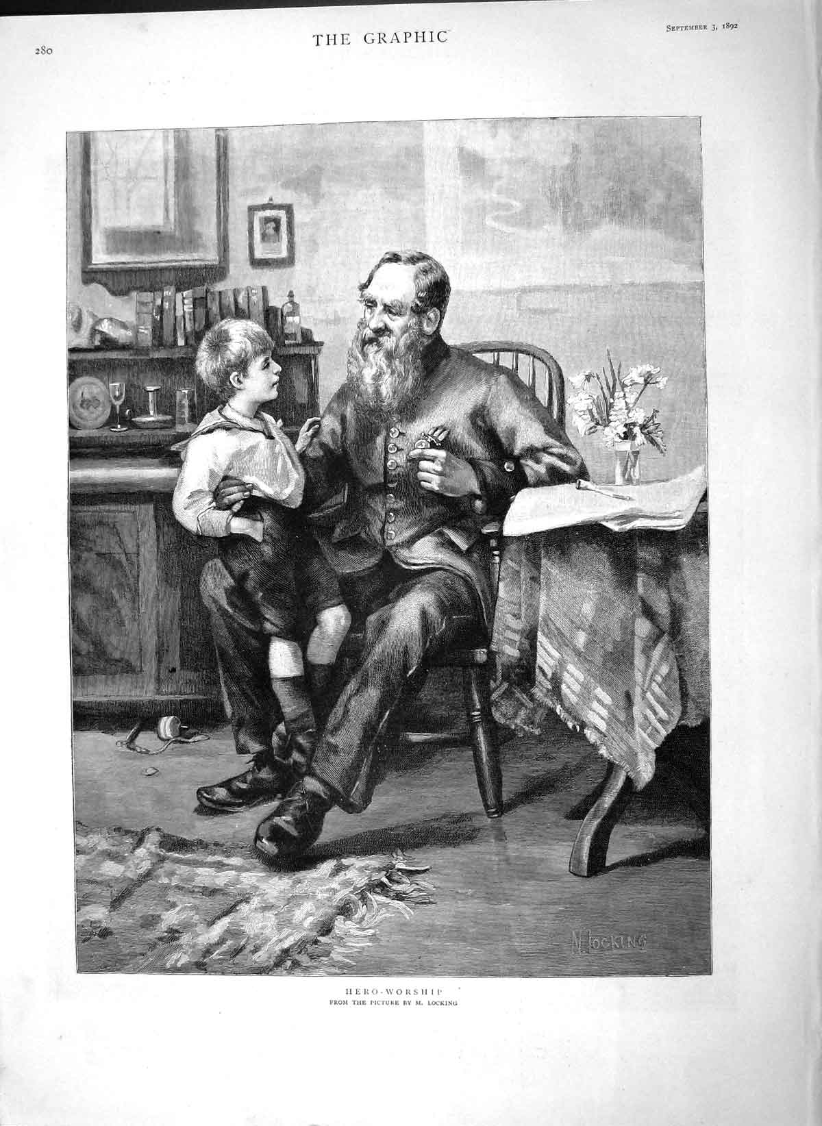 Original Old Antique Print 1892 Hero-Worship Man Sier Little Boy Locking 19th