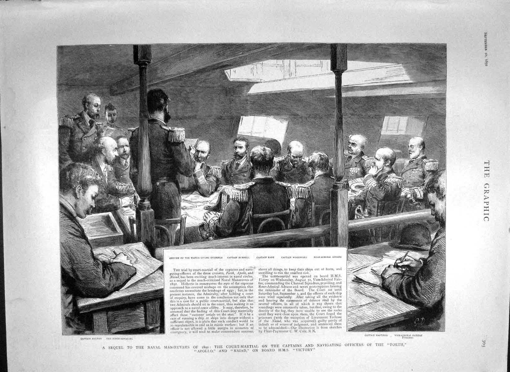 Original Old Antique Print 1892 Court-Martial Ship Forth Apollo Naiad Victory