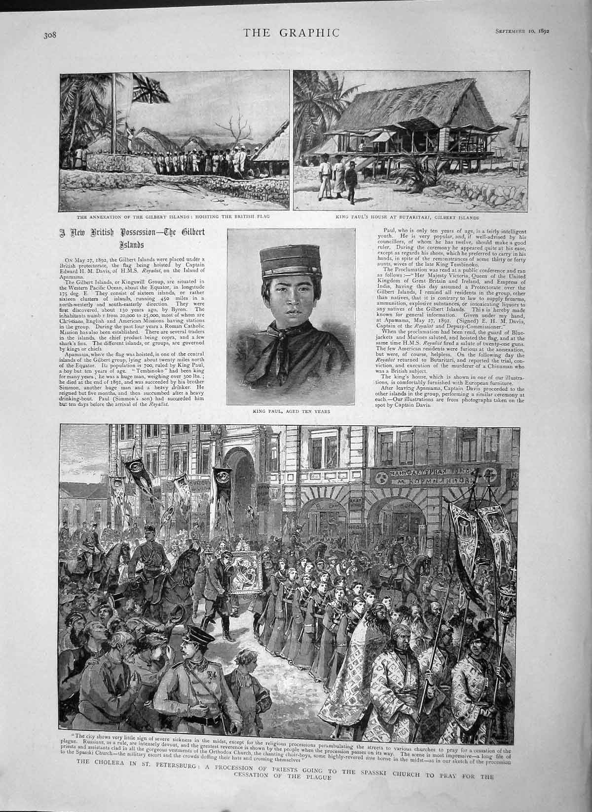 Original Old Antique Print 1892 Cholera Petersburg Spasski Church King Paul