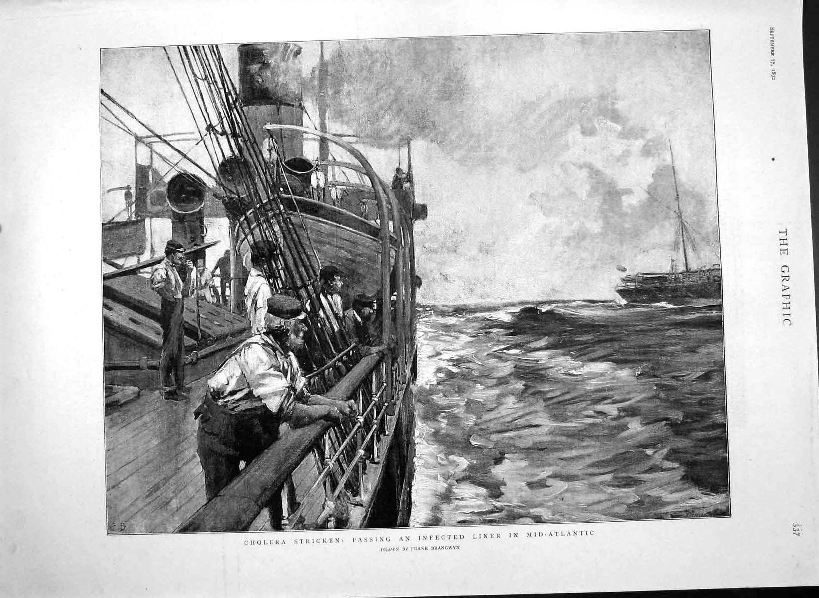 Original Old Antique Print 1892 Cholera Ship Passing Liner Mid-Atlantic B 19th