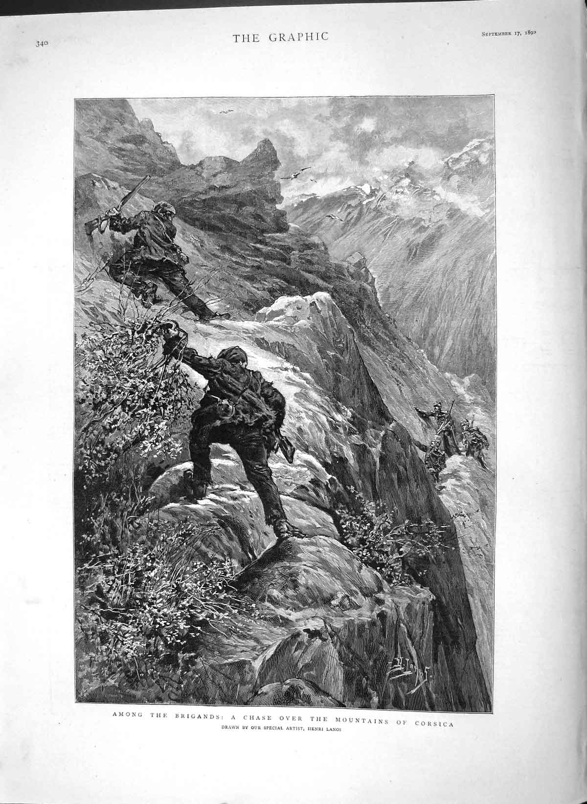 Old Antique Print 1892 Scene Among Brigands Mountains Chase Corsica War 19th