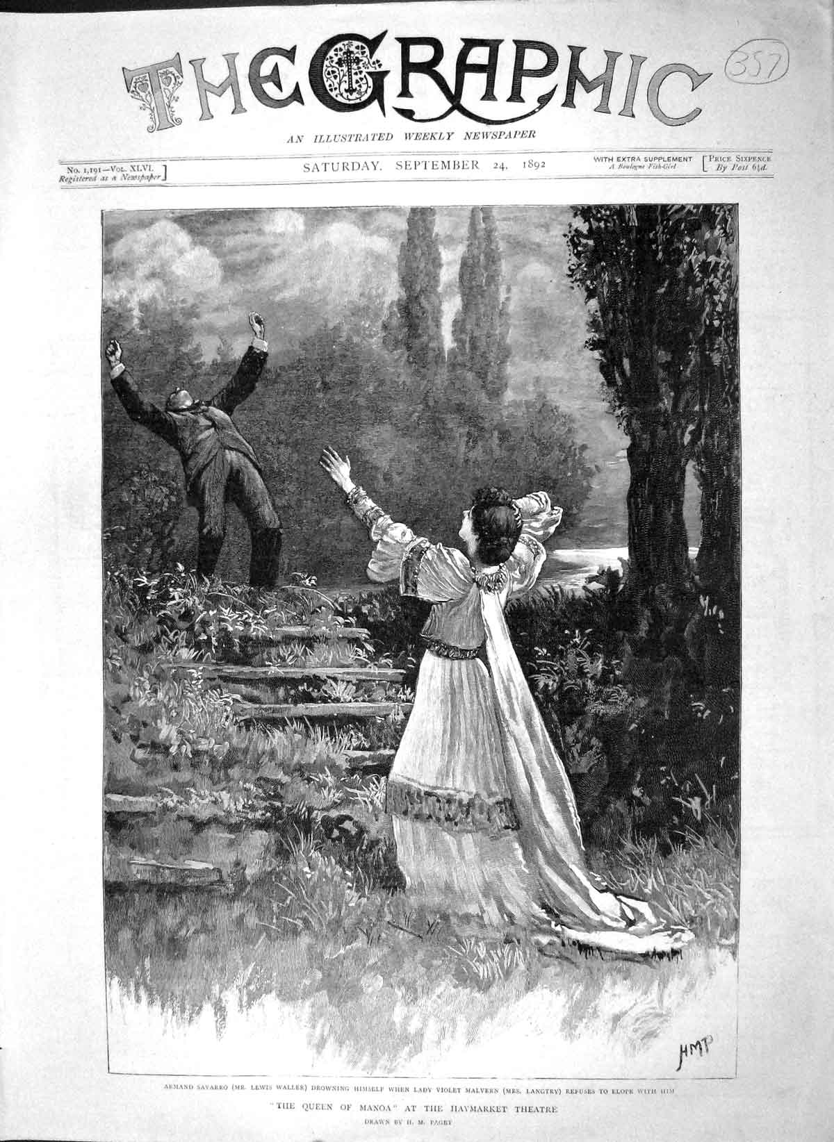 Original Old Antique Print 1892 Queen Manoa Haymarket Theatre Savarro Malvern