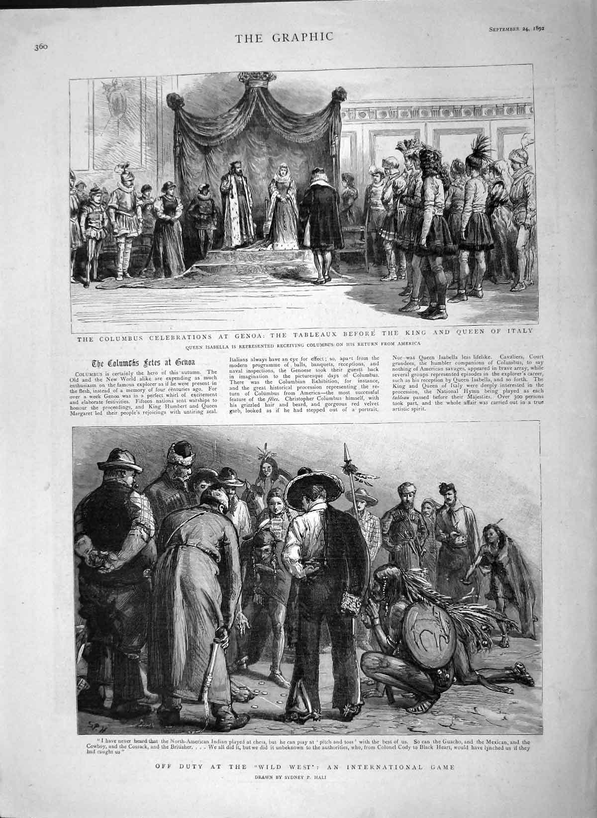 Original Old Antique Print 1892 Wild West Cowboys Indian Columbus Genoa Kin 19th