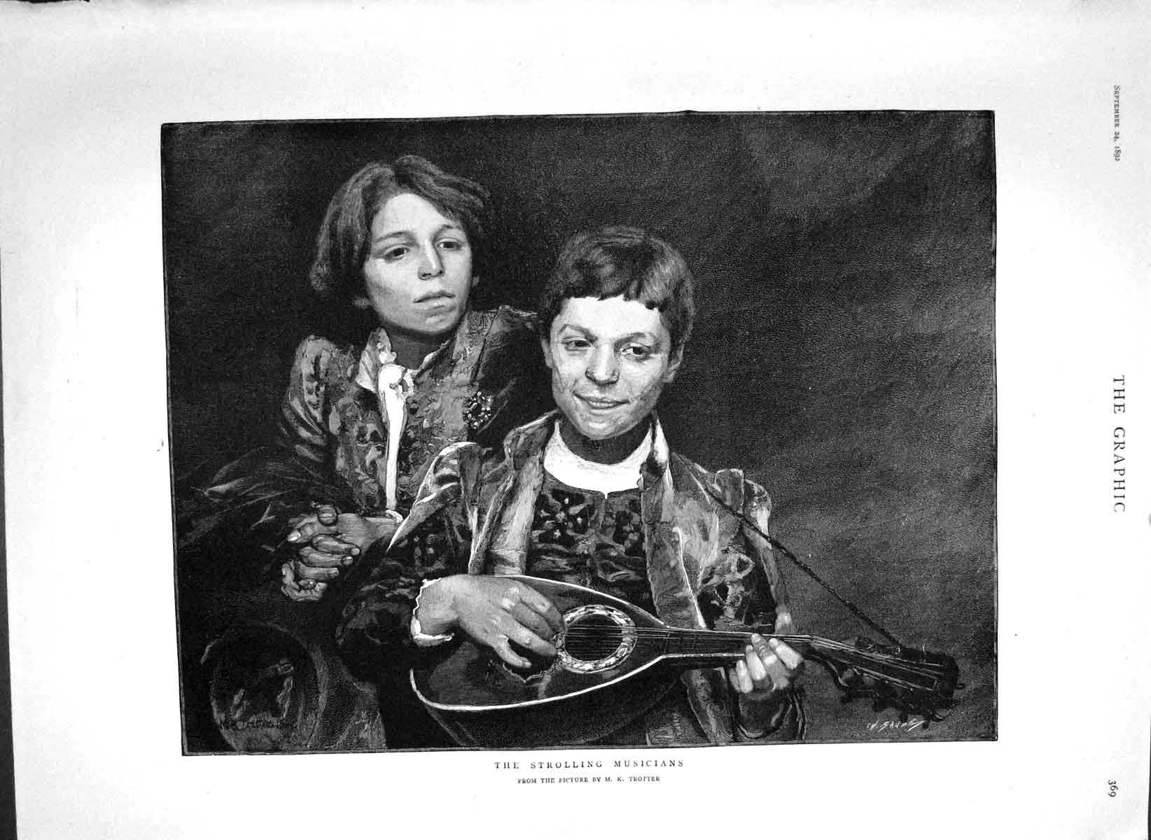 Old Antique Print 1892 Trotter Fine Art Portrait Strolling Musicians Boys 19th