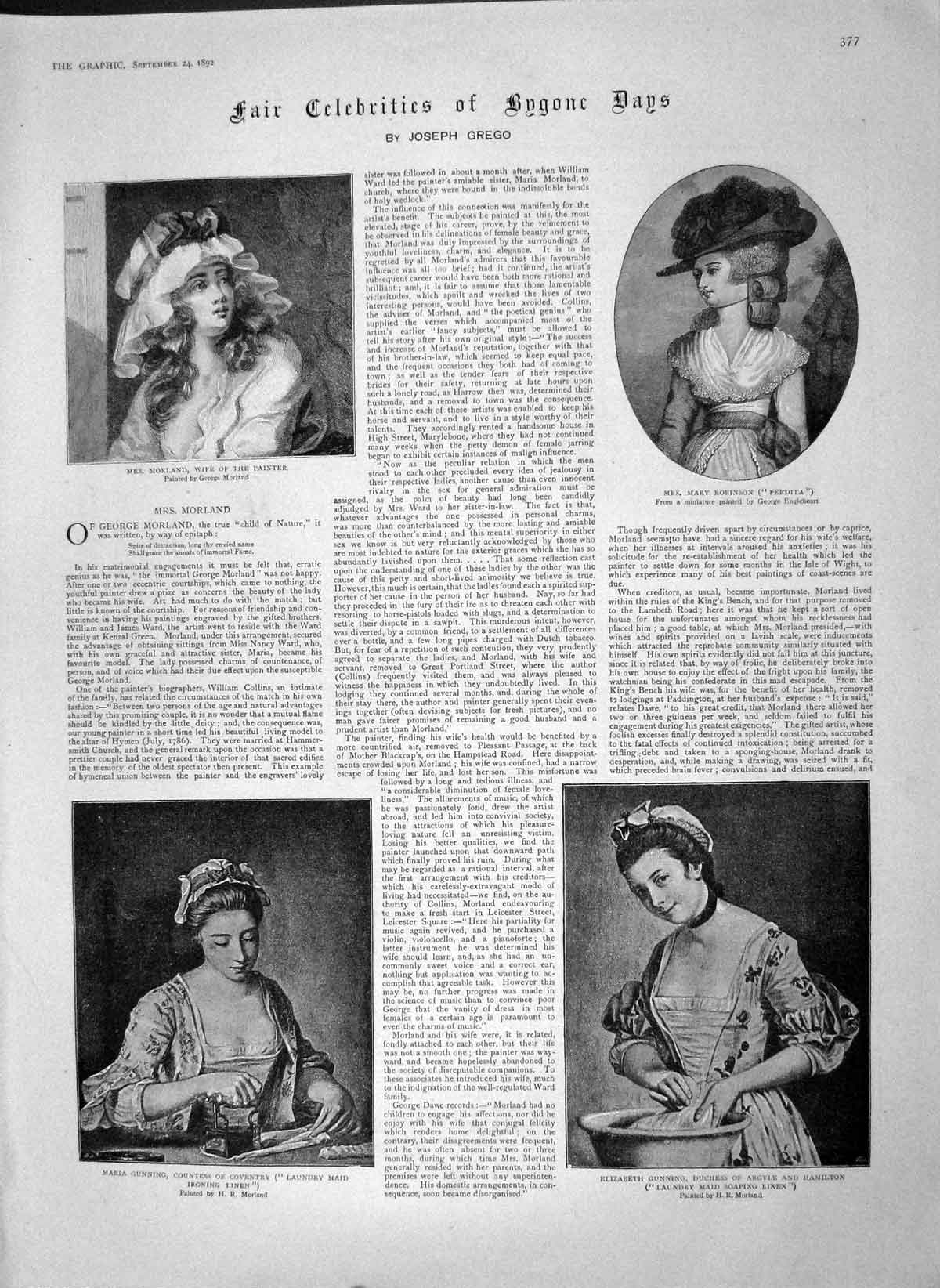 Original Old Antique Print 1892 Robinson Duchess Argyll Gunning Morland 19th