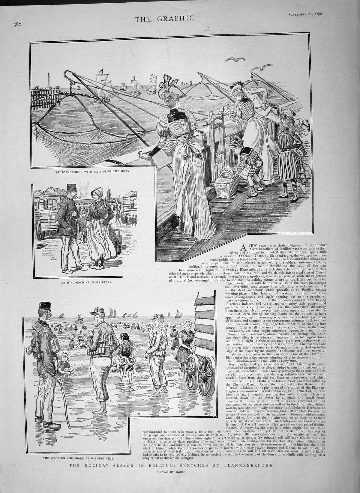 Original Old Antique Print 1892 Holidays Belgium Blankenberghe Fishing Bathing
