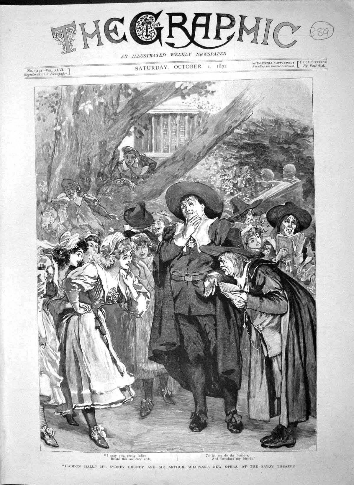 Old Antique Print 1892 Haddon Hall Sydney Grundy Sullivan Savoy Theatre 19th