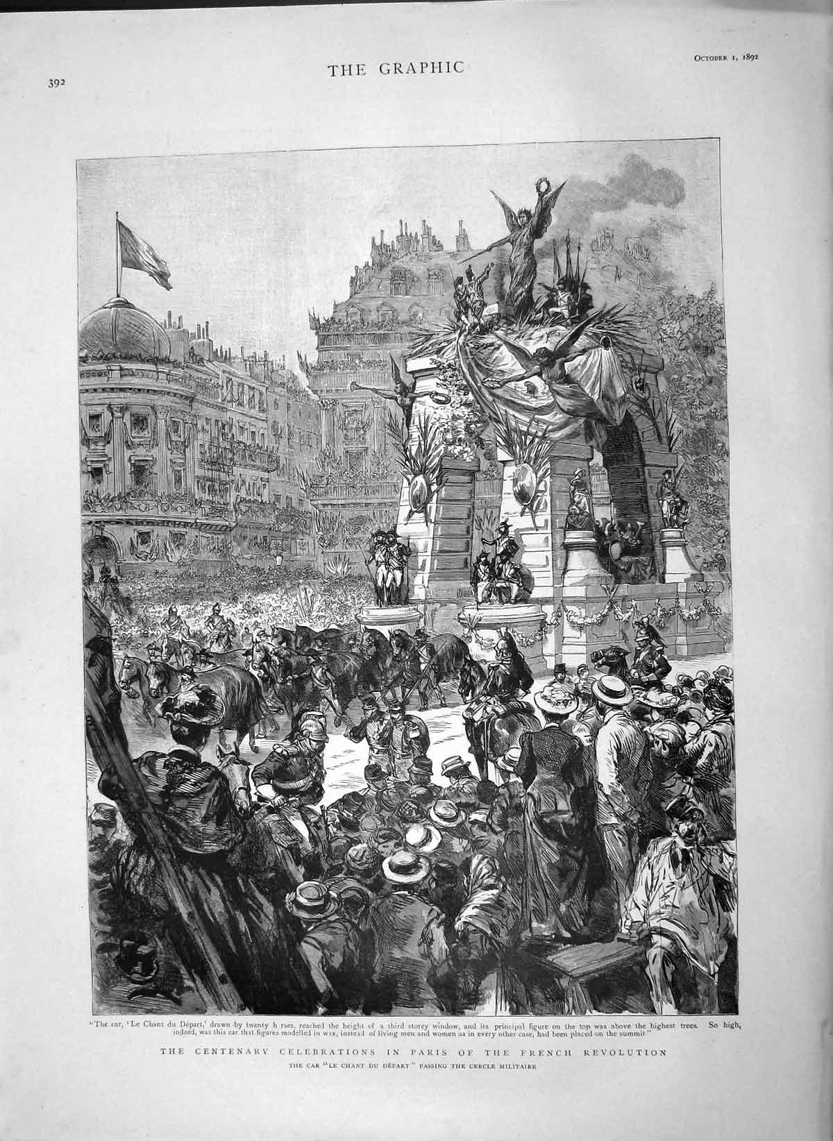 Old Antique Print 1892 Car Chant Du Depart Cercle Militaire France Paris 19th