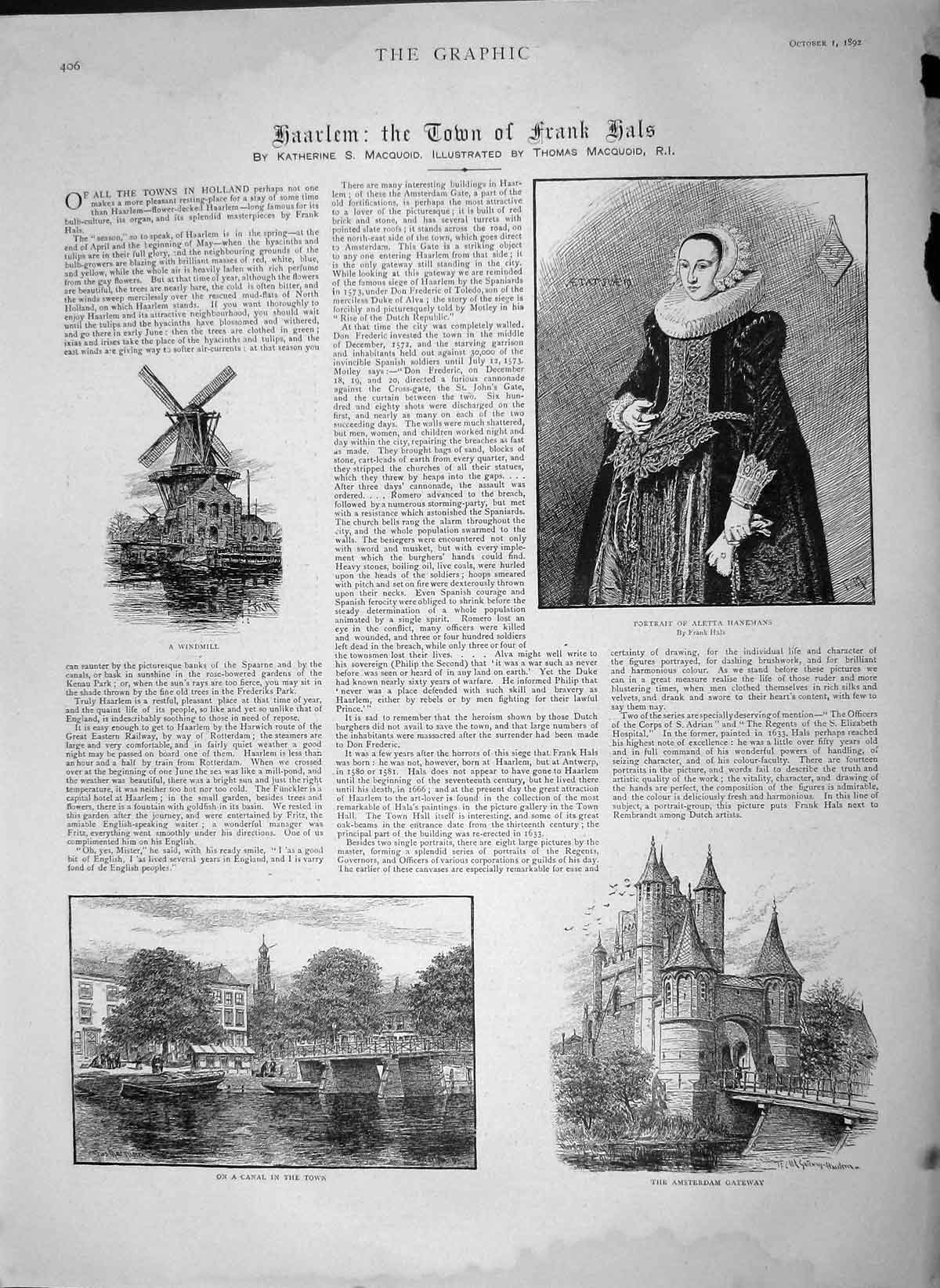 Original Old Antique Print 1892 Aletta Hanemans Holland Windmill Haarlem Frank