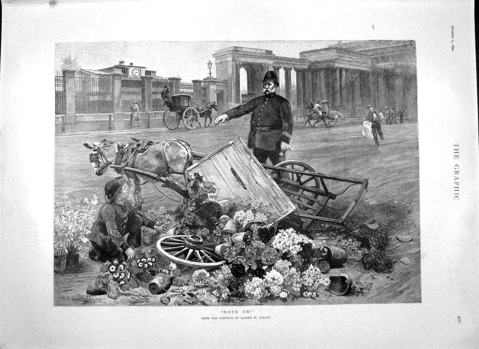 Old Antique Print 1892 Flower Seller Car Policeman King Spain Don Alfonso 19th