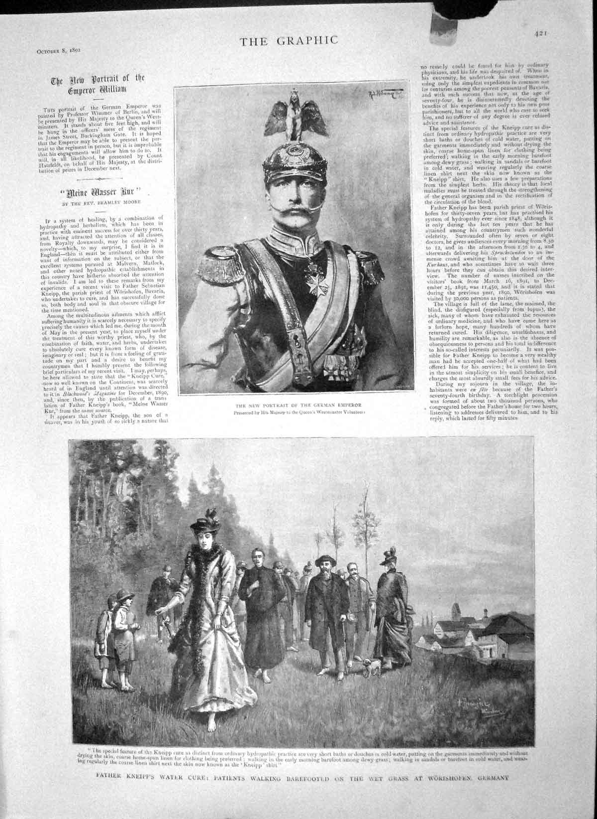 Old Antique Print 1892 Portrait German Emperor Father Kneipp Worishofen 19th