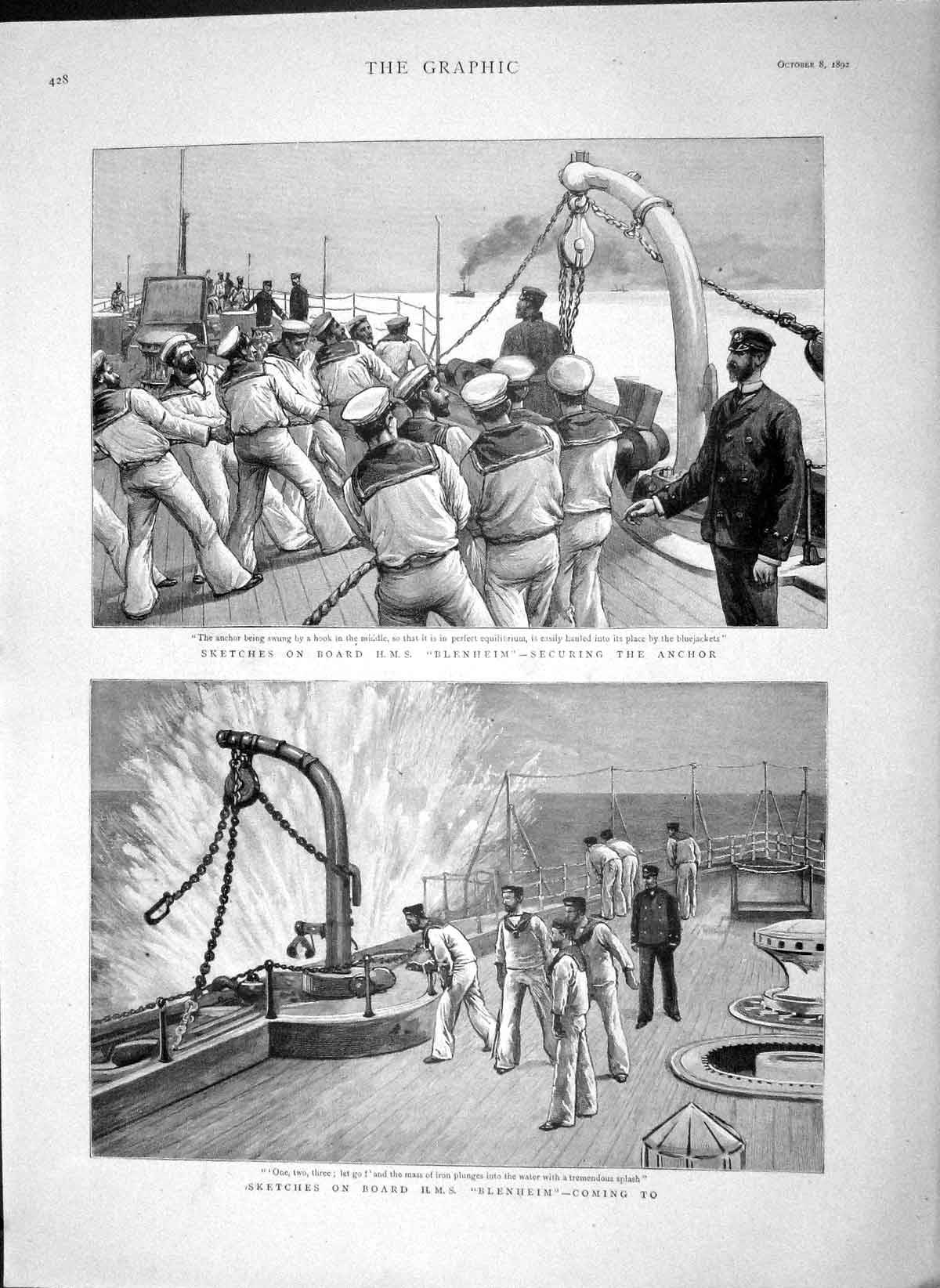 Original Old Antique Print 1892 Ship H.M.S. Blenheim Anchor Sailo 19th
