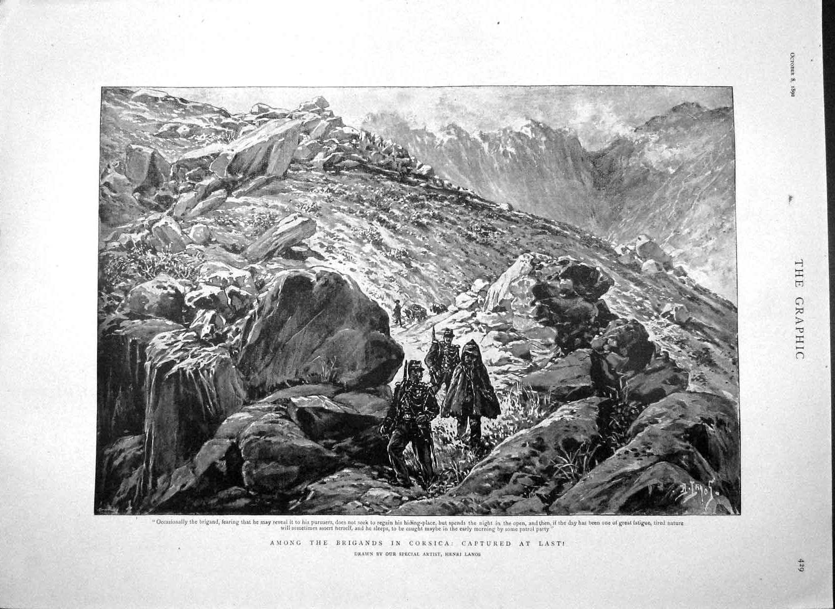 Original Old Antique Print 1892 Scene Among Brigands Corsica Mountains Sier