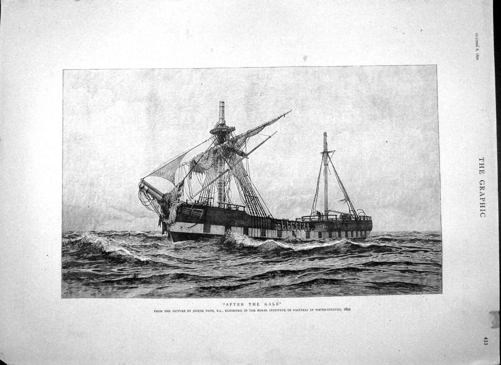 Original Old Antique Print 1892 Battered Ship Storm Sea Joseph Nash Victorian