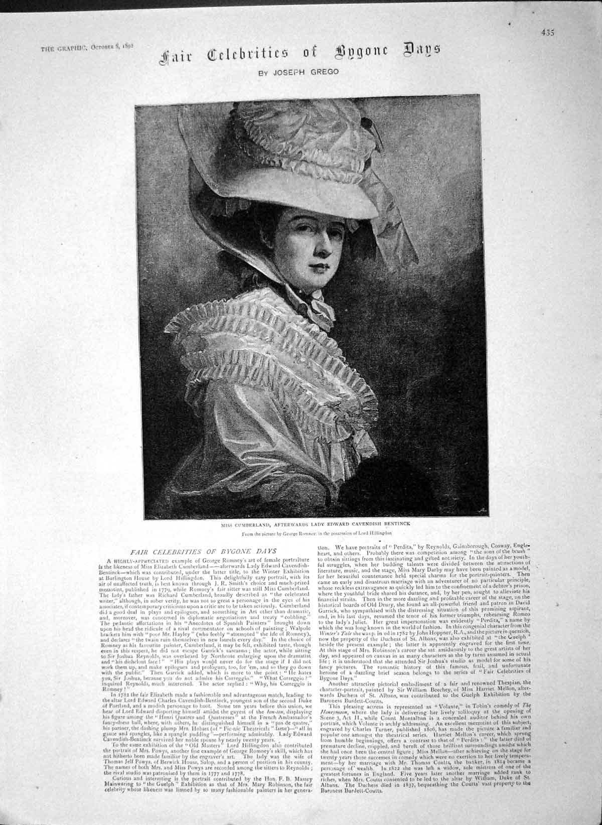 Original Old Antique Print 1892 Miss Cumberland Cavendish Powys Mellon Robinson