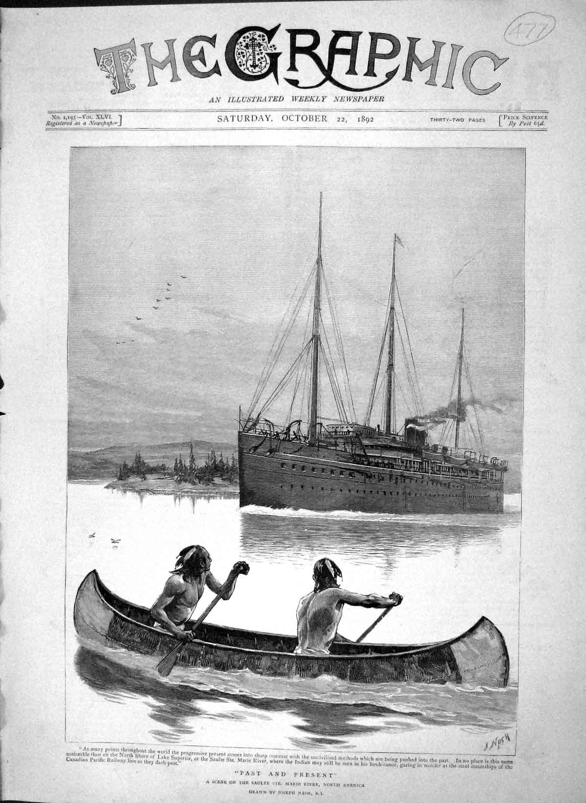 Original Old Antique Print 1892 Scene Salute Ste. Marie River Canoe Ship 19th