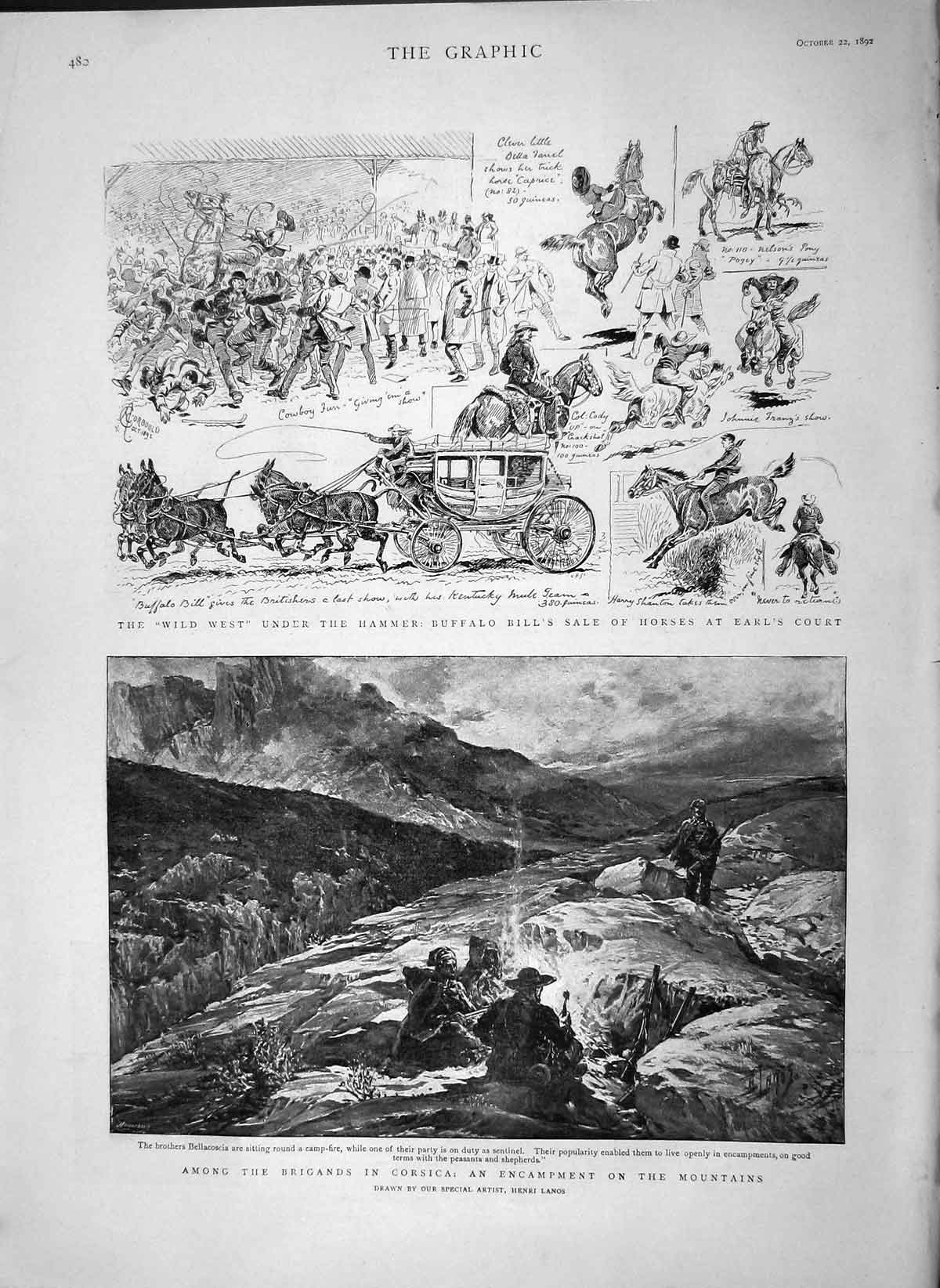 Original Old Antique Print 1892 Corsica Mountains Bellacoscia Buffalo Bill 19th