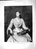 Original Old Antique Print 1892 Portrait Lady Skelmersdale Music Violin 19th