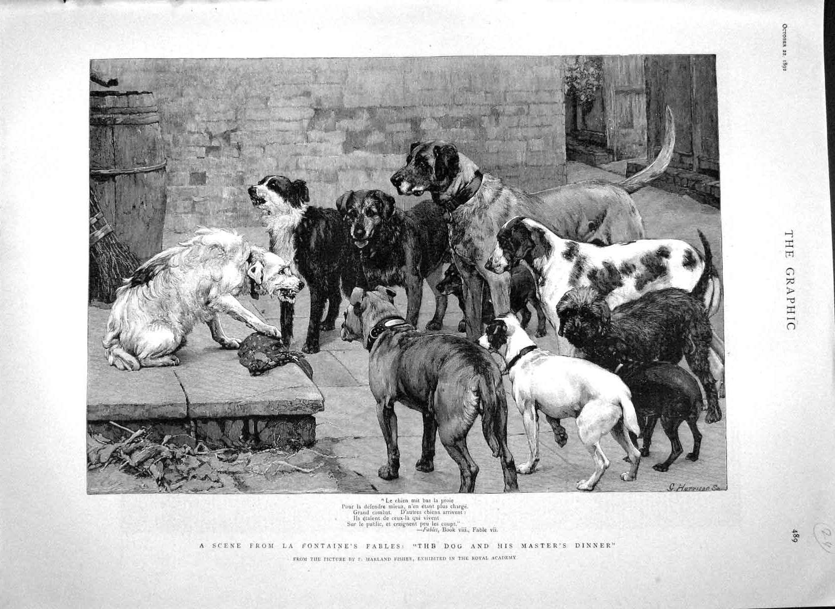 Old Antique Print 1892 Fontaine Fables Dog Masters Dinner Harland Fisher 19th