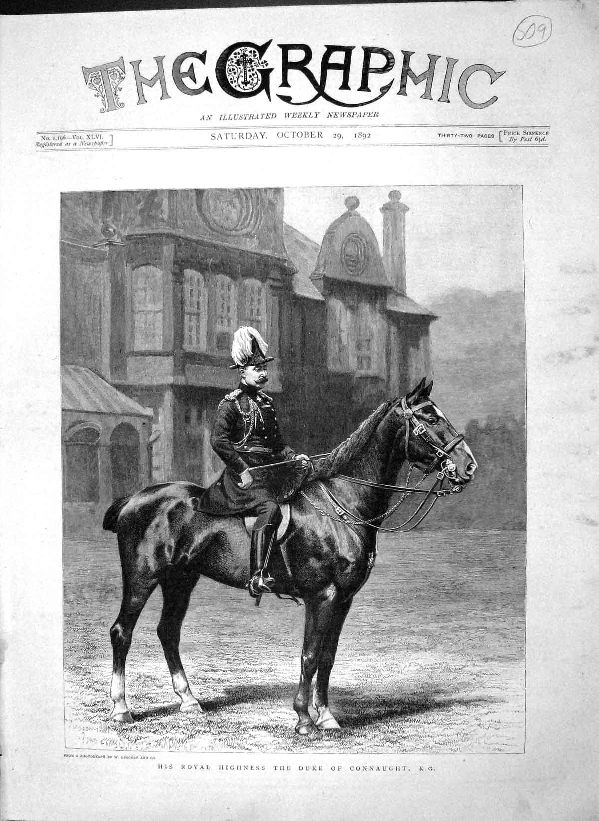 Old Antique Print *3562 1892 Portrait Royal Highness Duke Connaught Horse