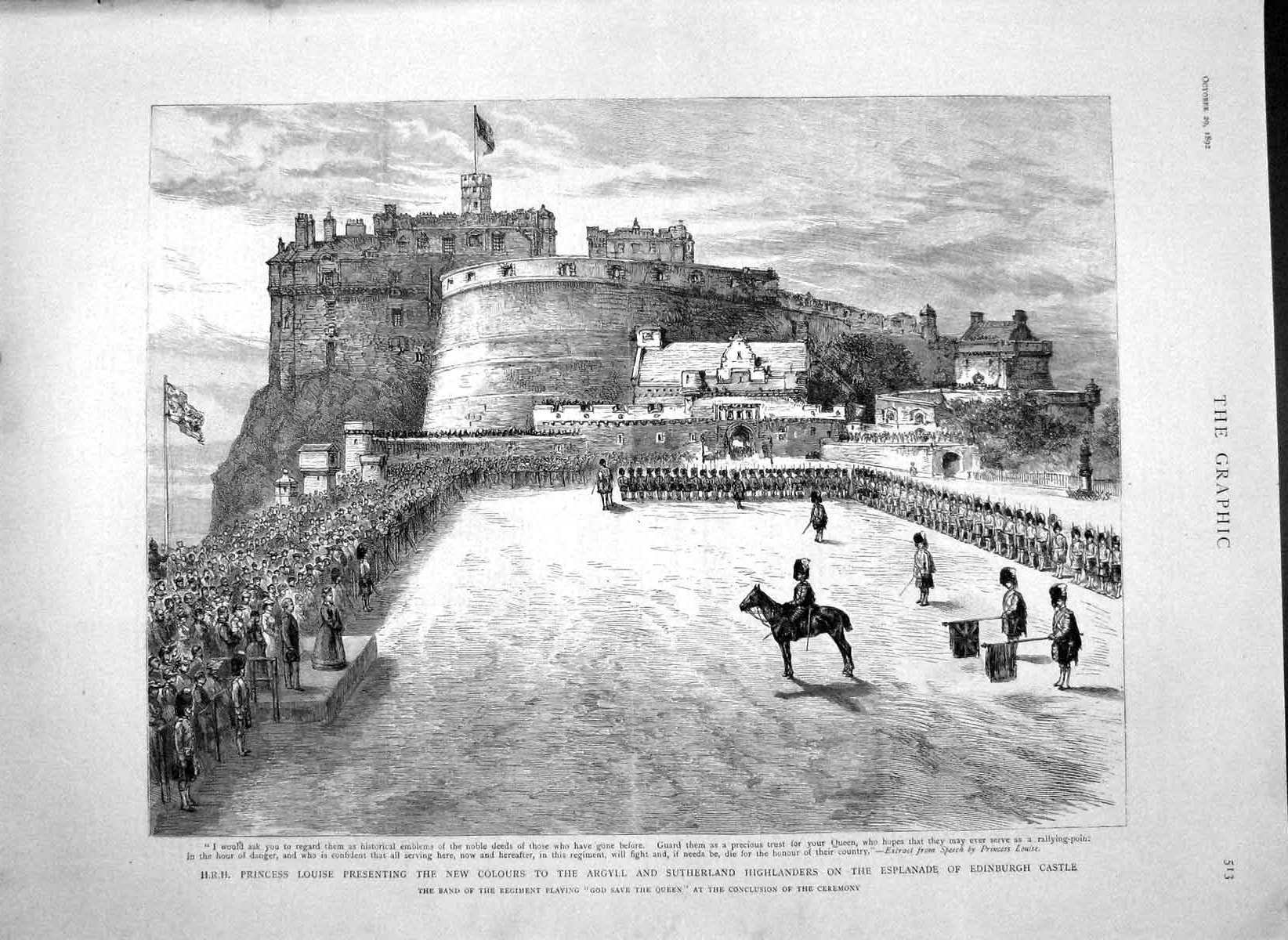 Original Old Antique Print 1892 Princess Louise Argyll Highlanders Edinburgh