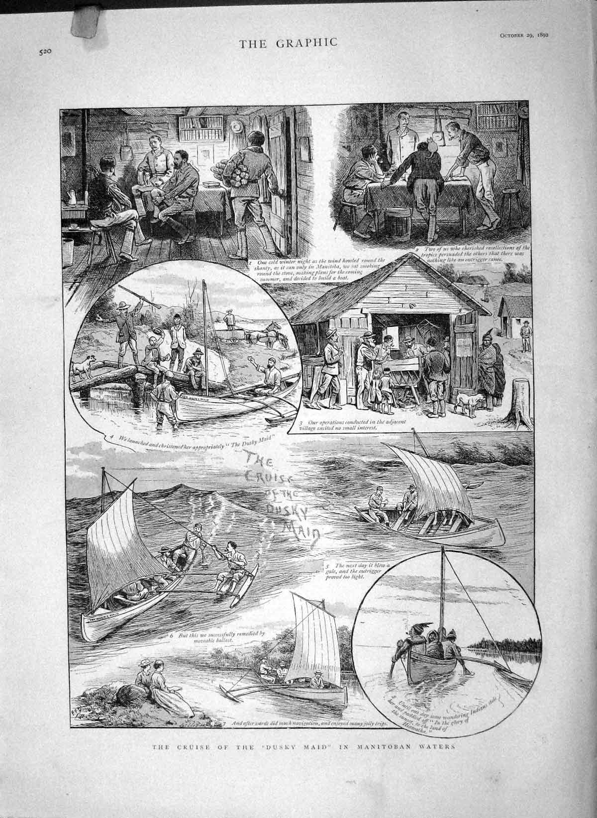 Original Old Antique Print 1892 Cruise Dusky Maid Manitoban Waters Sea Boat