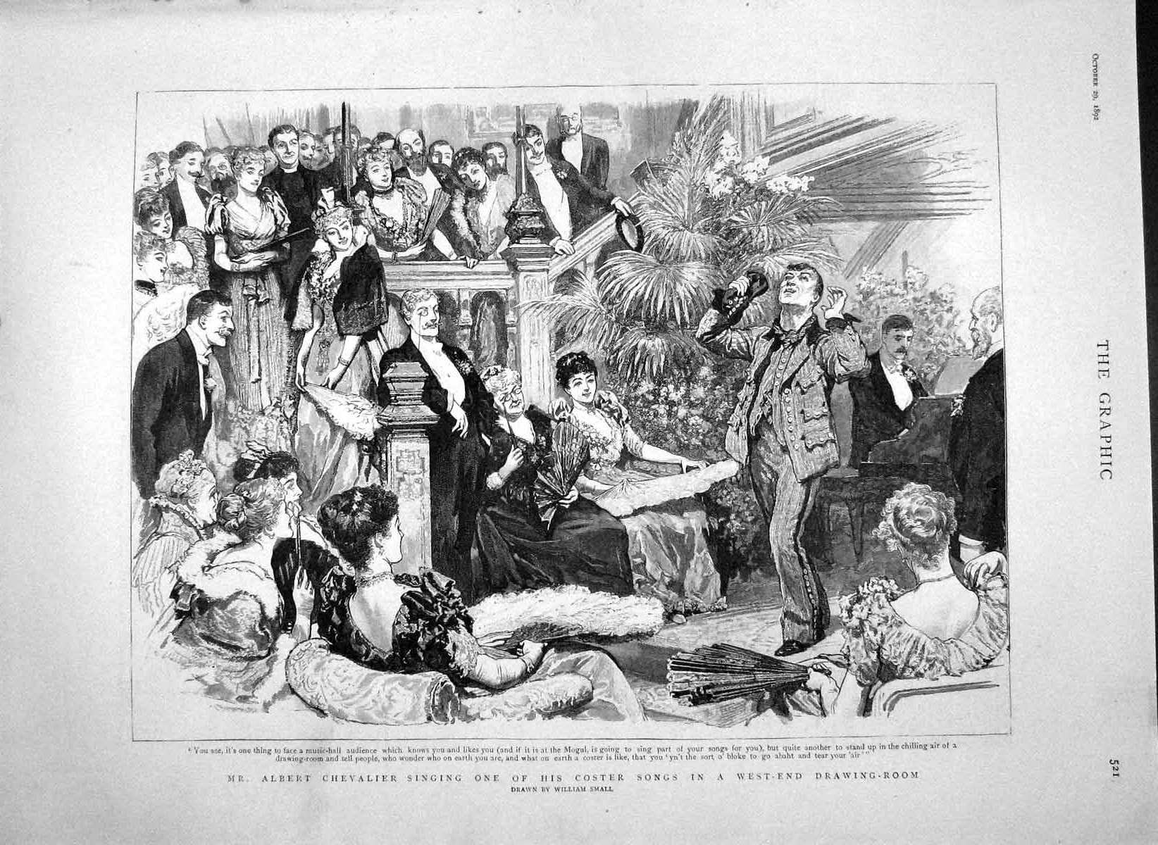 Original Old Antique Print 1892 Albert Chevalier Signing Coster Song West-End