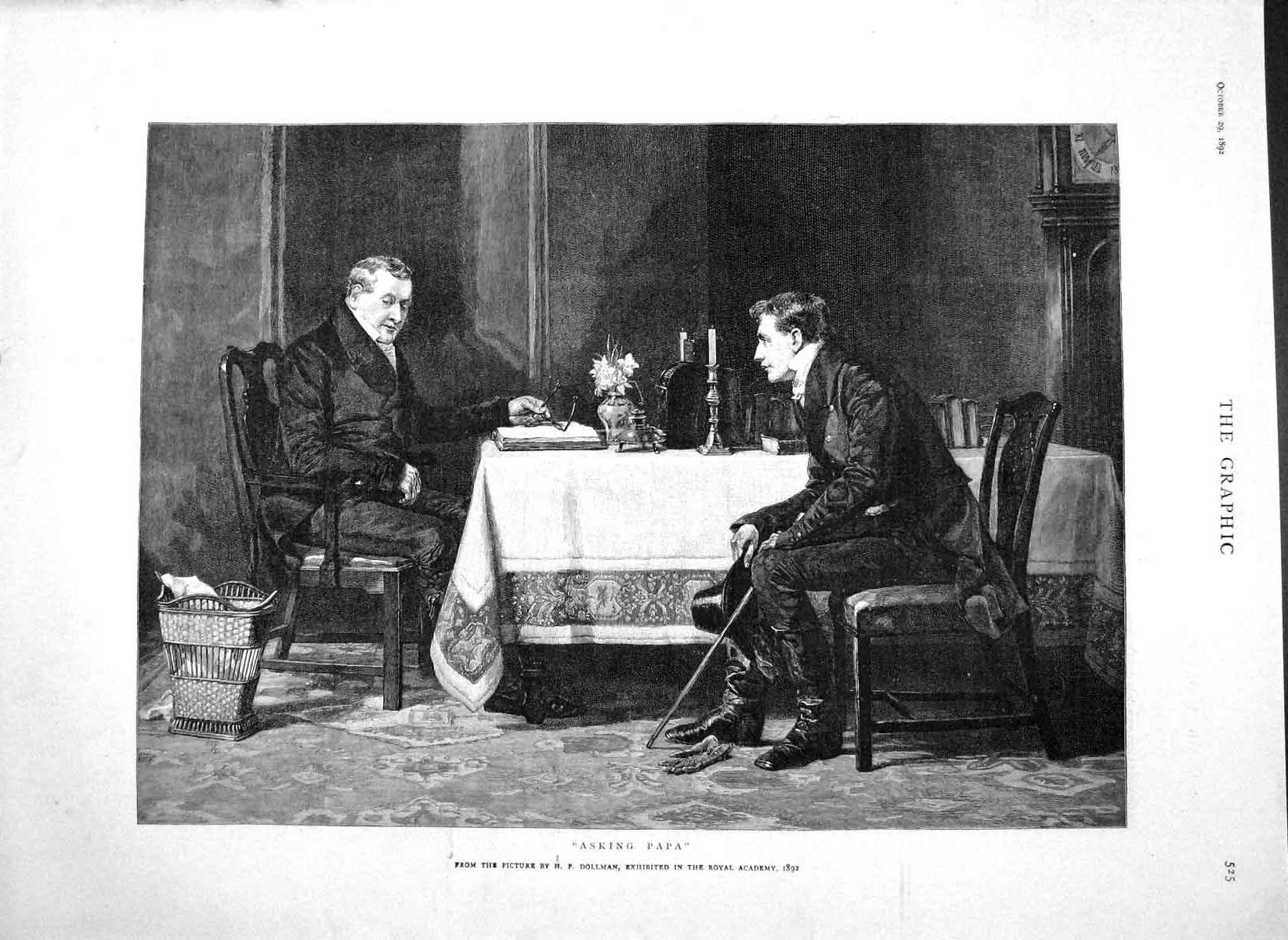Old Antique Print 1892 Asking Papa Young Man Dad Table Dollman Fine Art 19th