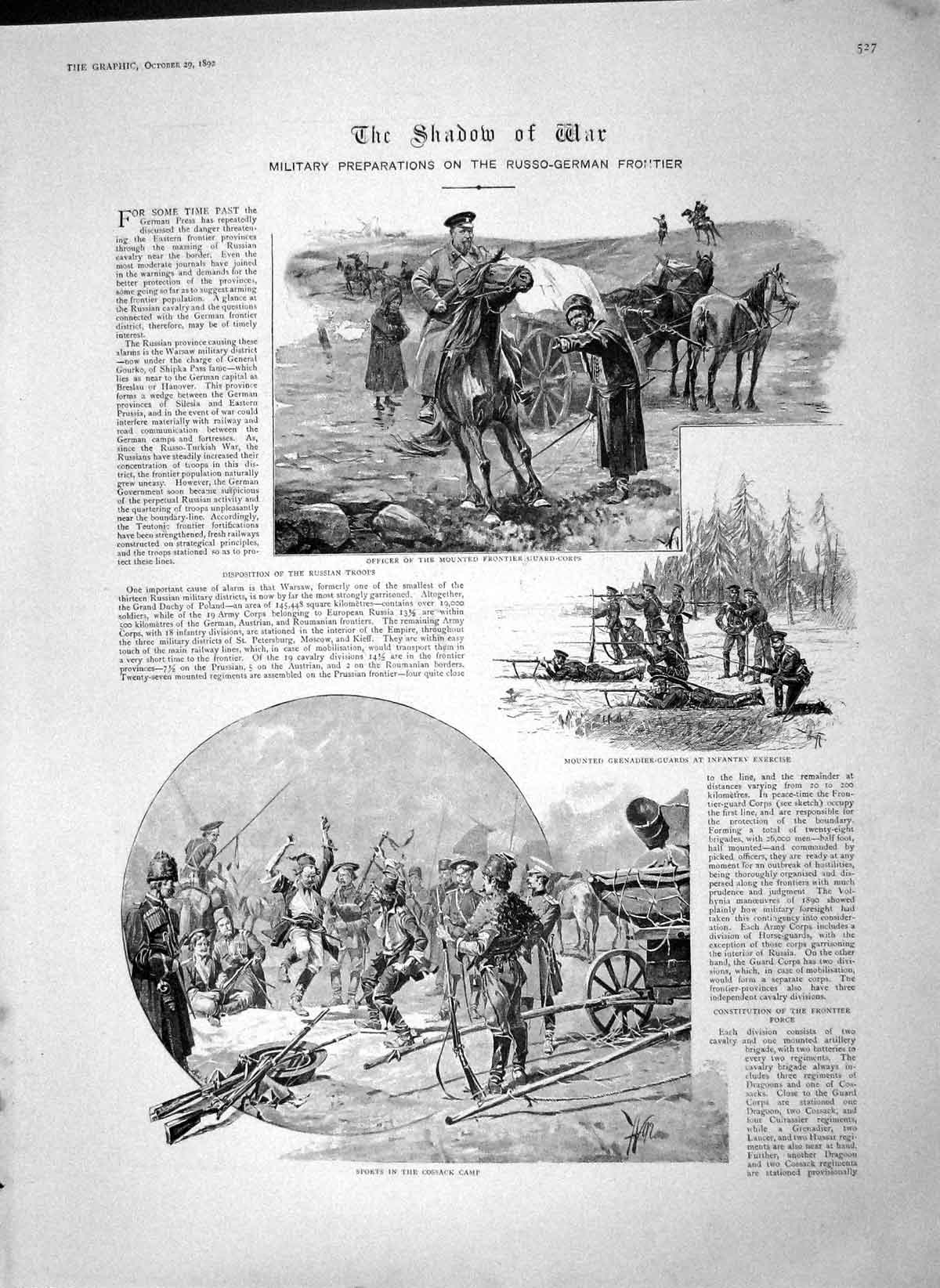 Original Old Antique Print 1892 War Cossack Camp Mounted Grenadier Russo-German