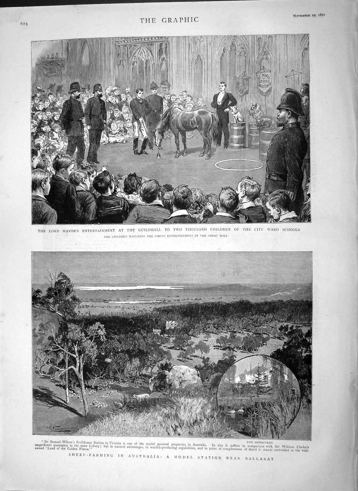 Original Old Antique Print 1892 Lord Mayor Guildhall Sheep Farming Australia