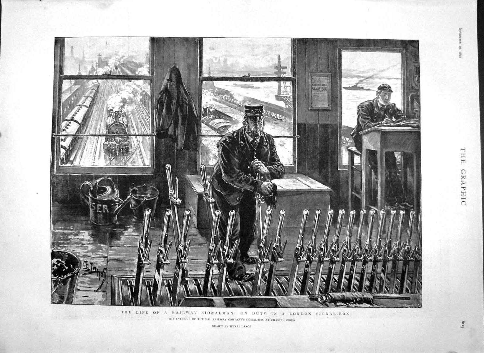 Original Old Antique Print 1892 Life Railway Signalman London Signal-Bow 19th