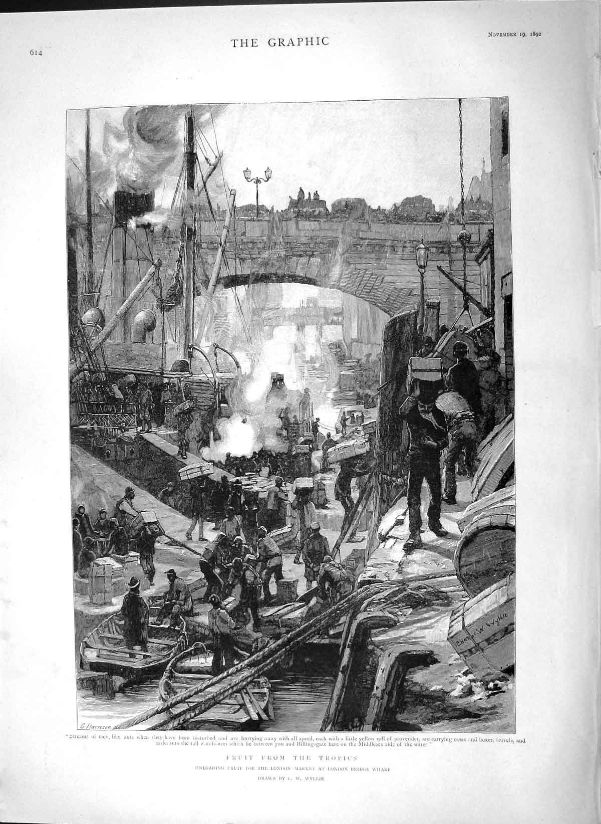 Old Antique Print 1892 Fruit Tropics Unloading Ships London Market Wharf 19th