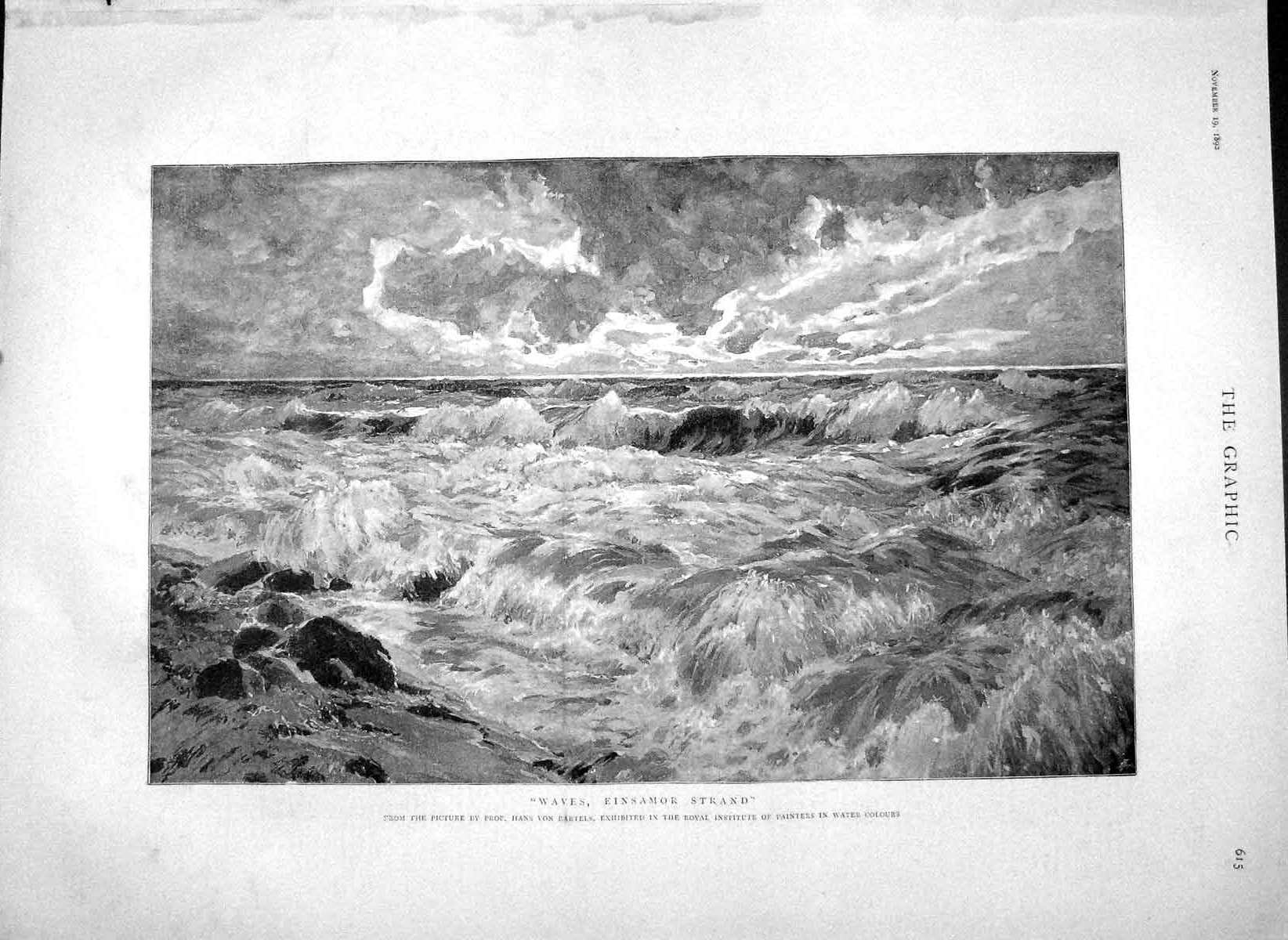 Original Old Antique Print 1892 Stormy Sea Waves Einsamor Strand Bartels 19th