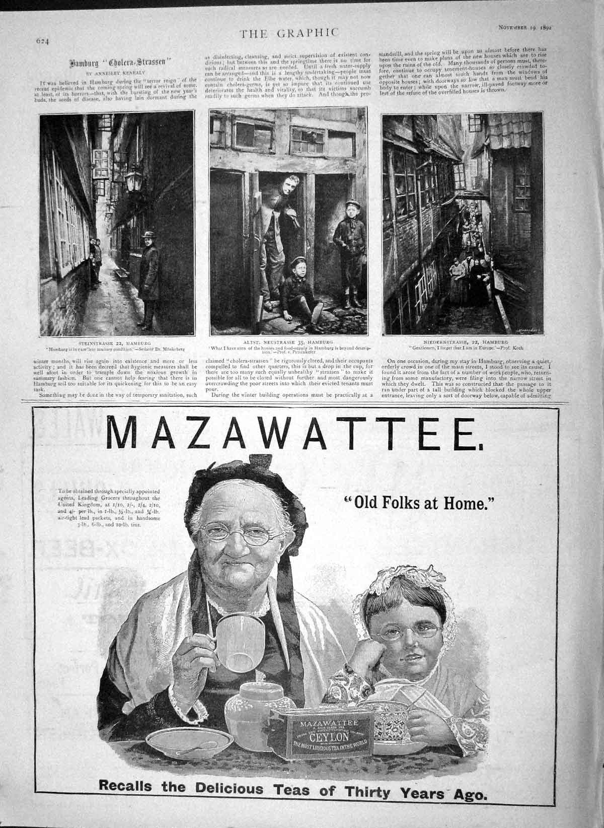 Original Old Antique Print 1892 Mazawattee Tea Neustrasse Hamburg Steinstrasse