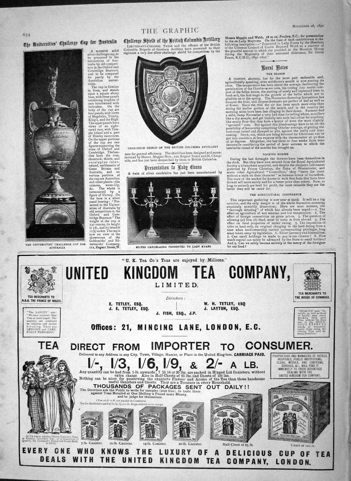 Old Antique Print 1892 Challenge Cup Australia Shield Artillery Evans Tea 19th