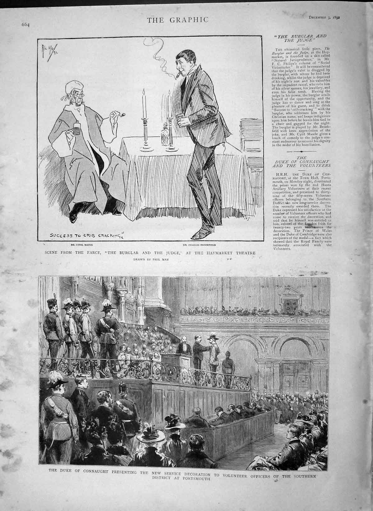 Original Old Antique Print 1892 Duke Connaught Portsmouth Haymarket Theatre