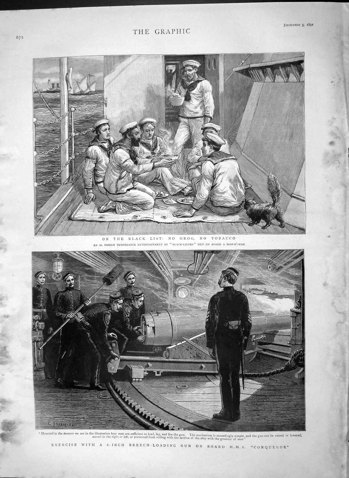 Original Old Antique Print 1892 Breech-Loading Gun Ship Conqueror Sailors Navy