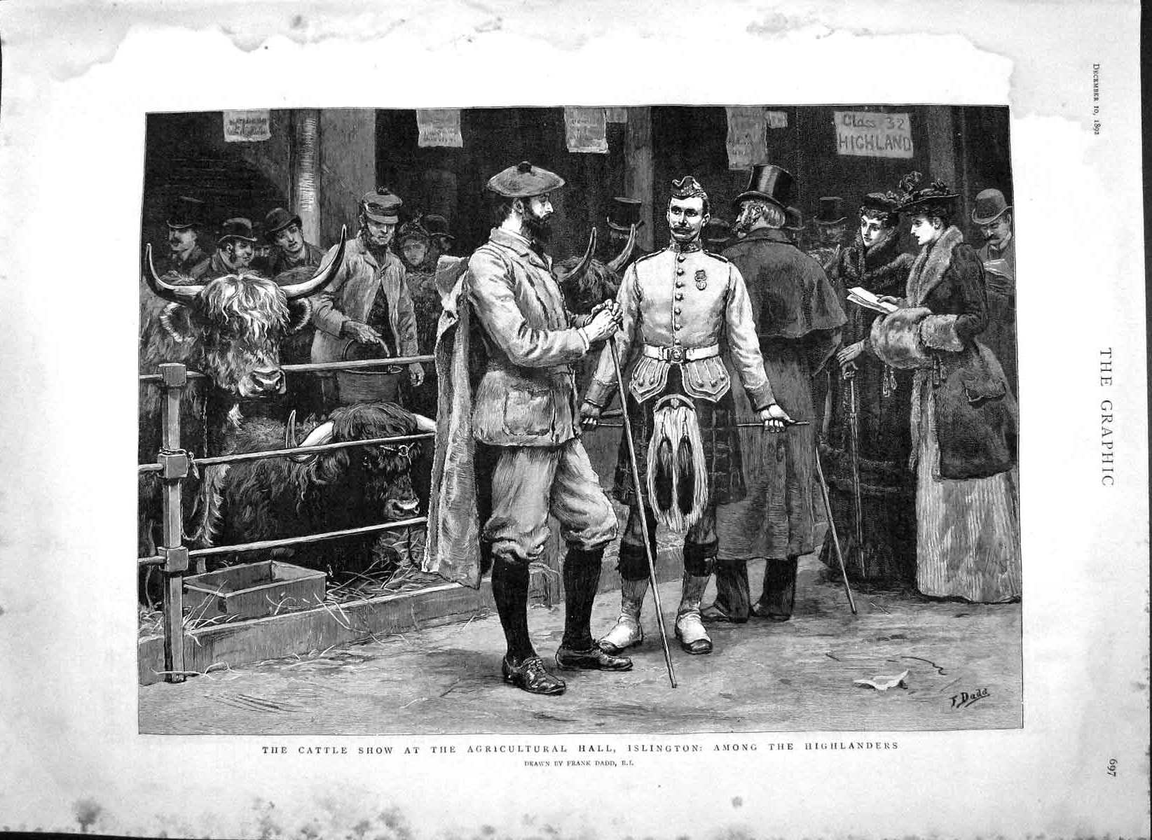 Old Antique Print 1892 Cattle Show Agricultural Hall Islington Highlander 19th