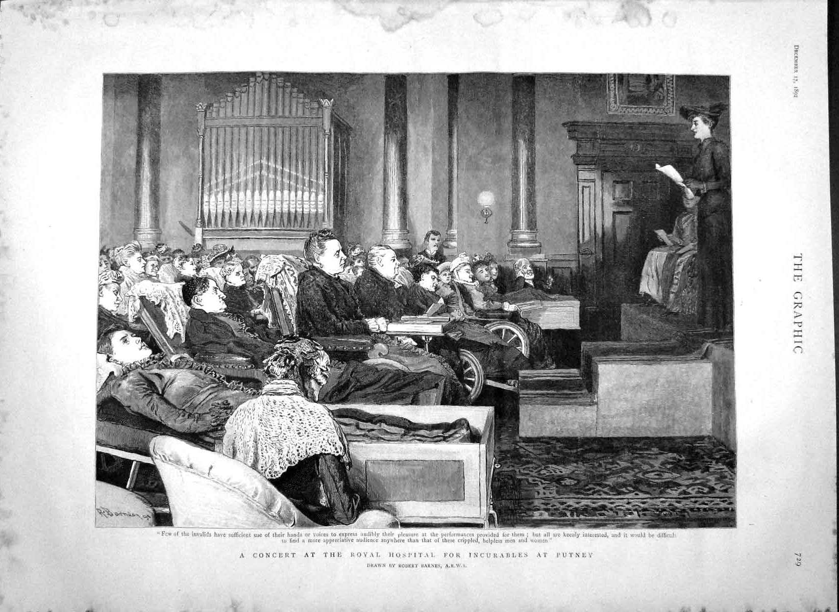 Old Antique Print 1892 Concert Royal Hospital Incurables Putney Invalids 19th
