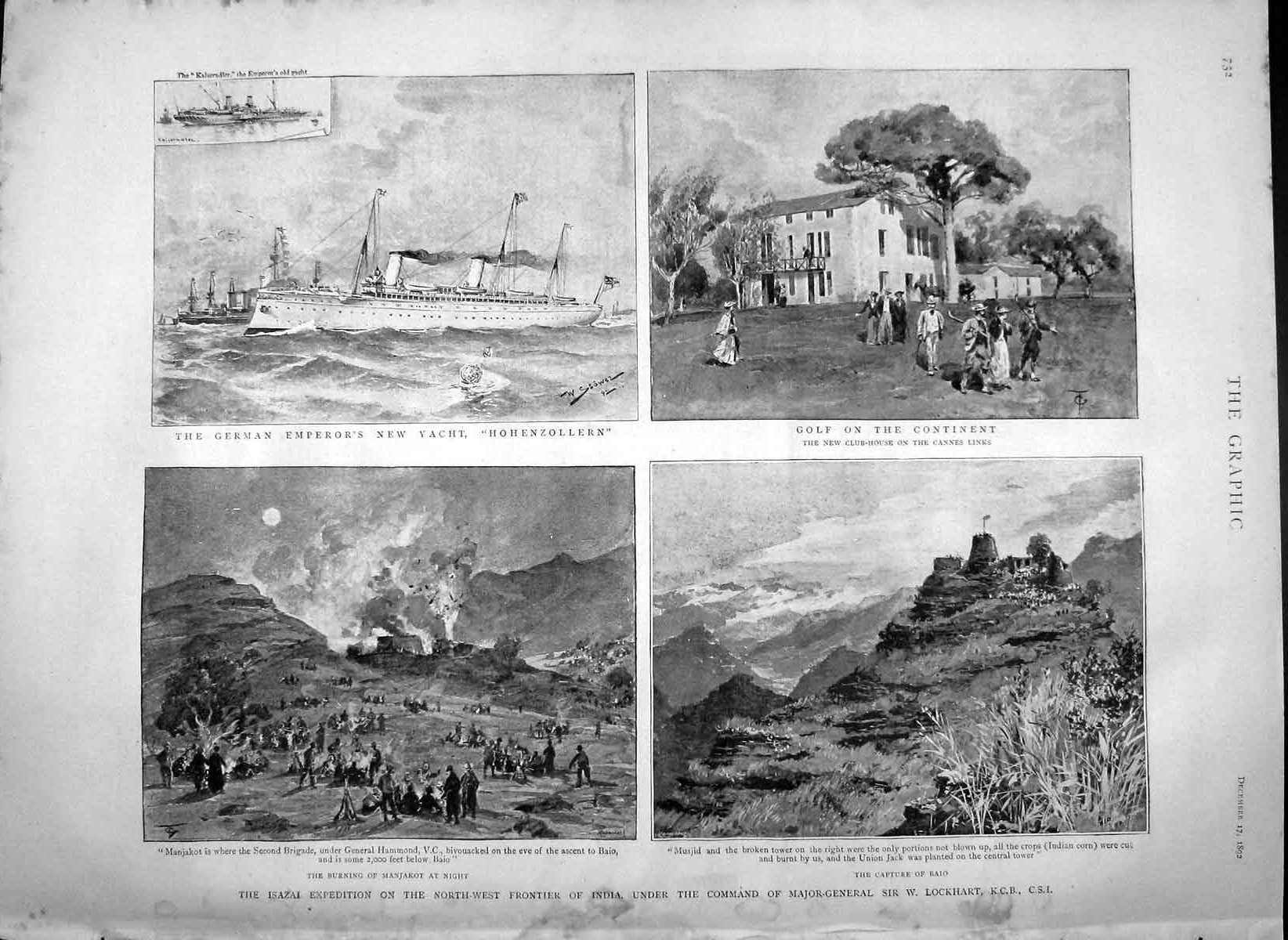 Original Old Antique Print 1892 Isazai India Lockhart Ship Hohenzollern Cannes