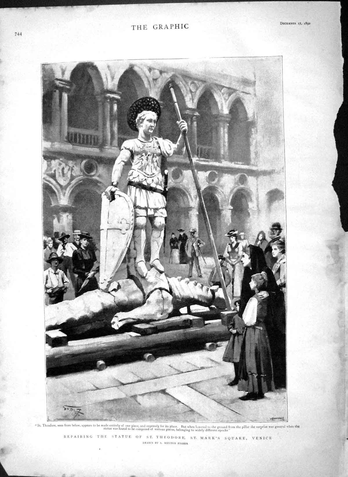 Original Old Antique Print 1892 Statue Theodore St. Mark'S Square Venice Italy