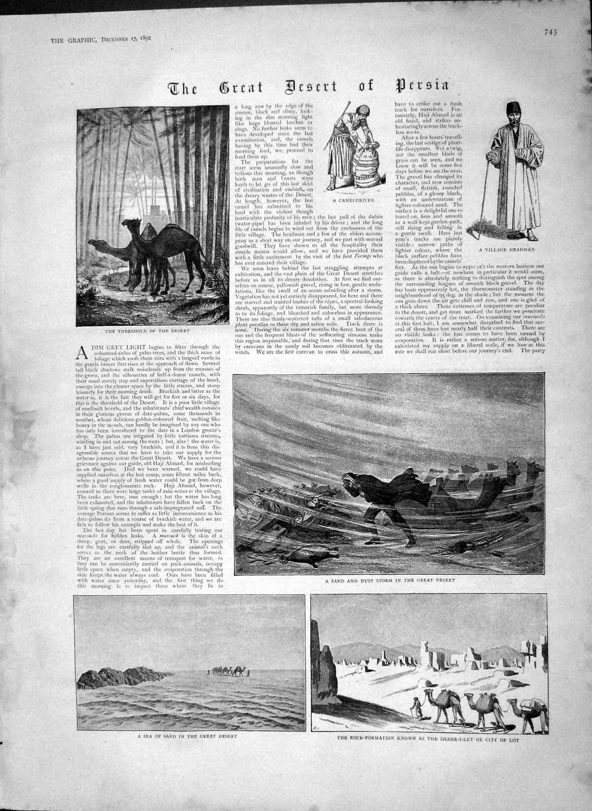 Old Antique Print 1892 Persia Desert Camel Shahr-I-Lut Kavir Salt Swamp 19th
