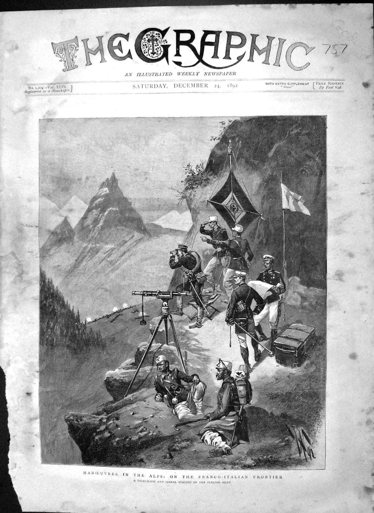 Old Antique Print 1892 Franco-Italian Alps Telegraph Signal Italian Army 19th