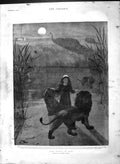 Original Old Antique Print 1892 Wooing Piet Little Girl Lions Moonlight River