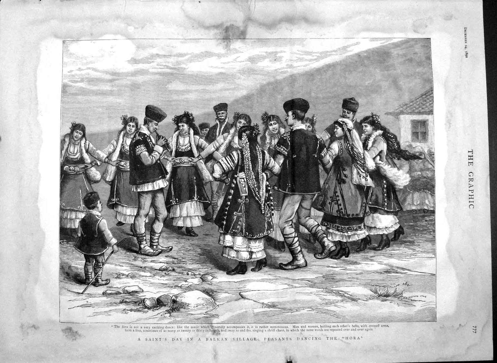 Antique Old Print *3565 1892 Saint'S Day Balkan Village Peasants Dancing Hora