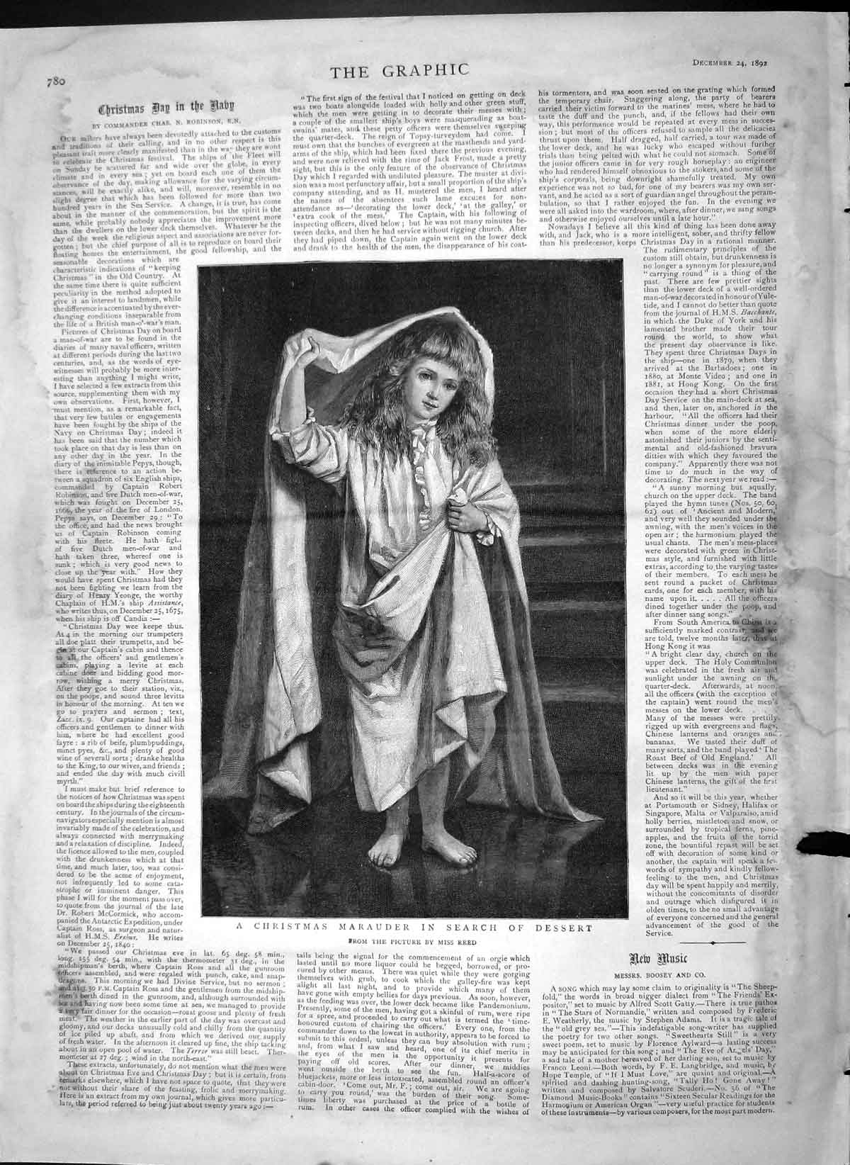 Original Old Antique Print 1892 Christmas Marauder Little Girl Reed Victorian