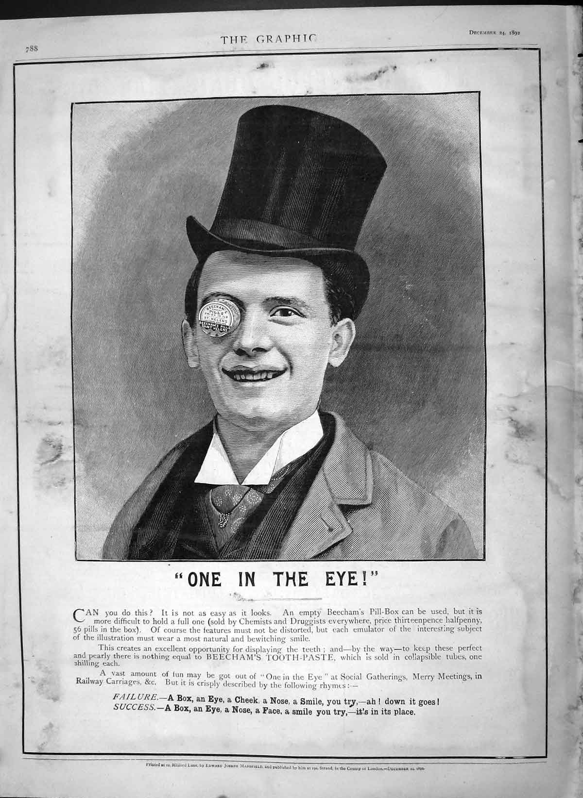 Original Old Antique Print 1892 Advertisement Beecham'S Pills Box Toothpaste