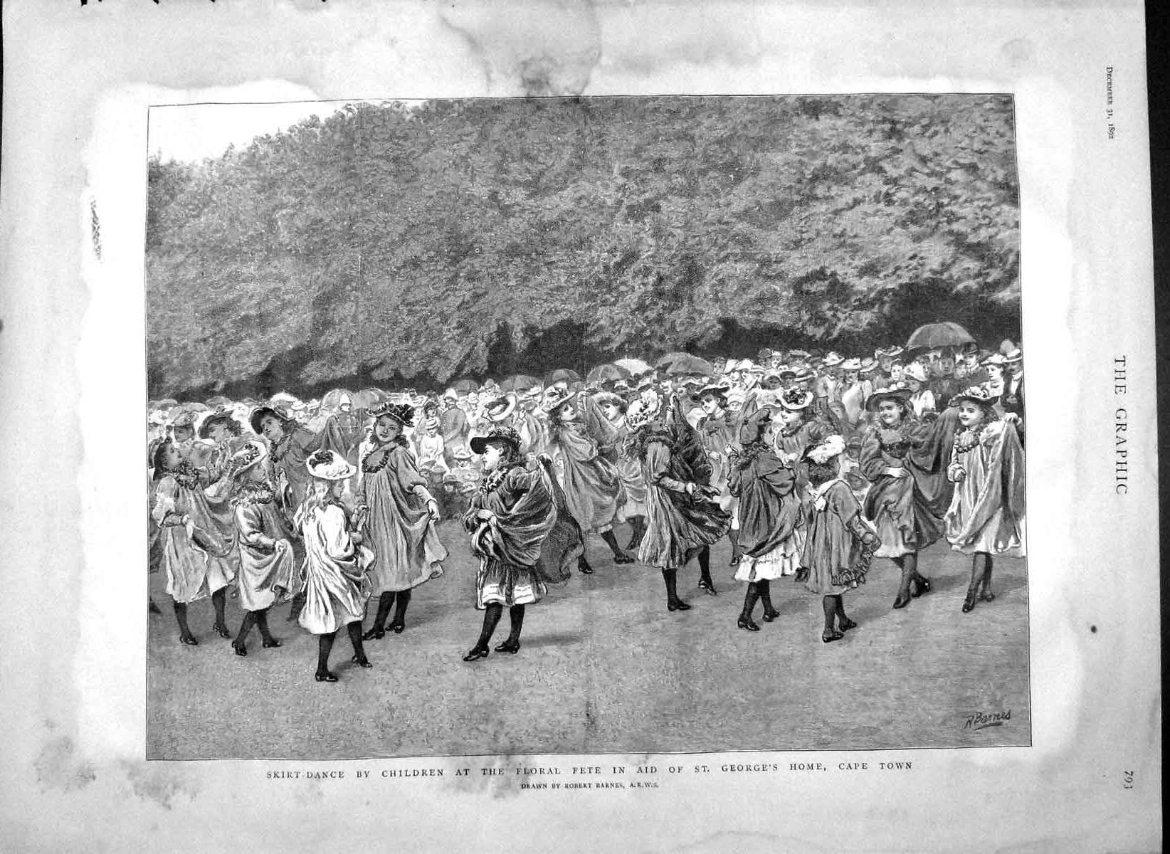 Original Old Antique Print 1892 Skirt-Dance Children Floral Fete George'S Cape