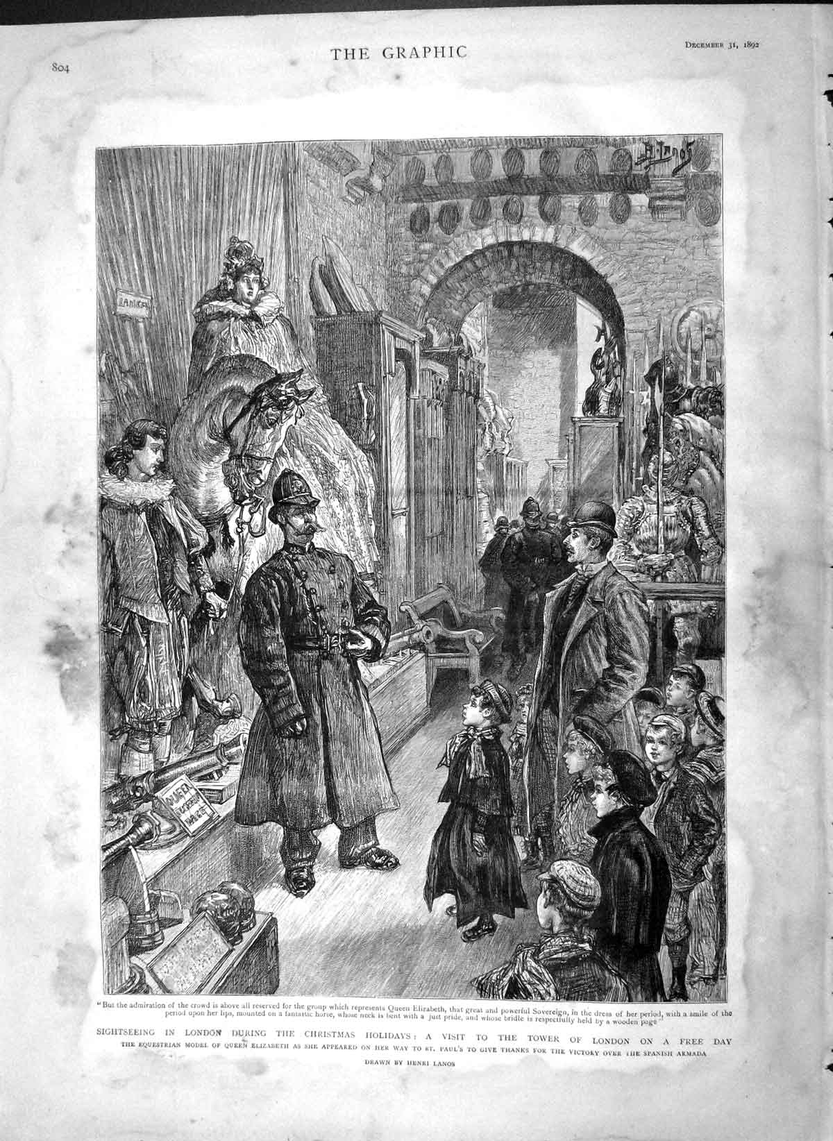 Original Old Antique Print 1892 Tower London Model Queen Elizabeth Victorian